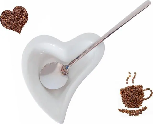 Main image of Coffee Spoon and Rest for Coffee Bar Accessories, Mini Cute Small Spoon Rest for Coffee Bar & Station, Tea Spoon Rest & Holder for Teaspoon Rest (White Heart Rest with Silver Spoon)