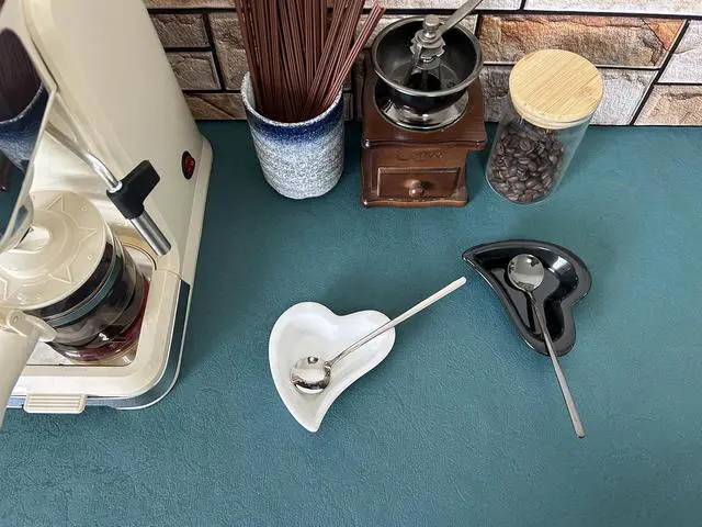 Alt view image 2 of 7 - Coffee Spoon and Rest for Coffee Bar Accessories, Mini Cute Small Spoon Rest for Coffee Bar & Station, Tea Spoon Rest & Holder for Teaspoon Rest (White Heart Rest with Silver Spoon)