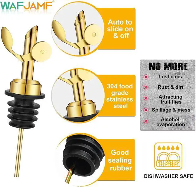 Alt view image 2 of 7 - WAFJAMF 2 Pack Stainless Steel Weighted Bottle Pourers, Auto Flip, Gold | Self Closing Spout, Universal Fit, Wine Dispenser, Olive Oil Dispenser, Liquor Pourer, Bar Accessory