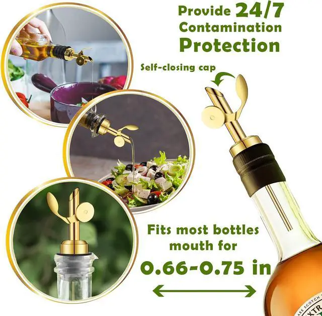 Alt view image 3 of 7 - WAFJAMF 2 Pack Stainless Steel Weighted Bottle Pourers, Auto Flip, Gold | Self Closing Spout, Universal Fit, Wine Dispenser, Olive Oil Dispenser, Liquor Pourer, Bar Accessory