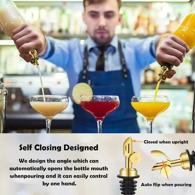 Alt view image 4 of 7 - WAFJAMF 2 Pack Stainless Steel Weighted Bottle Pourers, Auto Flip, Gold | Self Closing Spout, Universal Fit, Wine Dispenser, Olive Oil Dispenser, Liquor Pourer, Bar Accessory