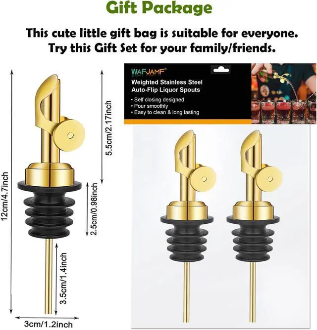 Alt view image 5 of 7 - WAFJAMF 2 Pack Stainless Steel Weighted Bottle Pourers, Auto Flip, Gold | Self Closing Spout, Universal Fit, Wine Dispenser, Olive Oil Dispenser, Liquor Pourer, Bar Accessory