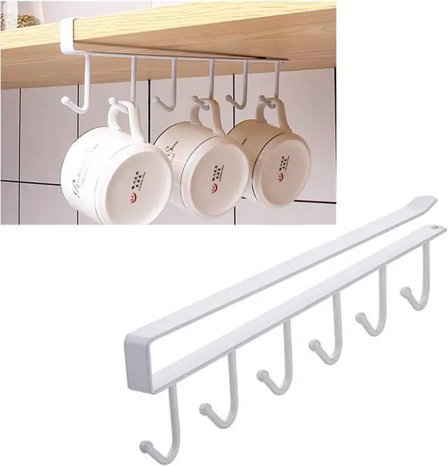 Alt view image 2 of 7 - Kitchen Hook Holder Under Cupboard, Under Cabinet Utensils Hanging Hooks Rack, Drilling Free Cabinet Door Hanging Hook Rack,6 Hooks Kitchen Storage Utensil Organizer Hook Rack,2 Pack (White)