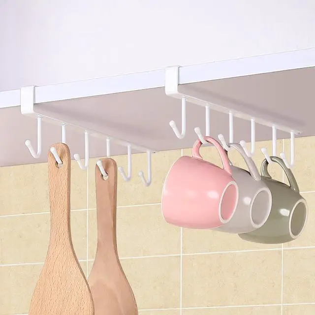 Alt view image 4 of 7 - Kitchen Hook Holder Under Cupboard, Under Cabinet Utensils Hanging Hooks Rack, Drilling Free Cabinet Door Hanging Hook Rack,6 Hooks Kitchen Storage Utensil Organizer Hook Rack,2 Pack (White)