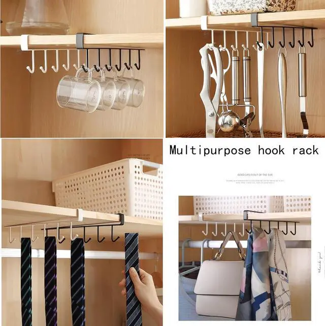 Alt view image 7 of 7 - Kitchen Hook Holder Under Cupboard, Under Cabinet Utensils Hanging Hooks Rack, Drilling Free Cabinet Door Hanging Hook Rack,6 Hooks Kitchen Storage Utensil Organizer Hook Rack,2 Pack (White)