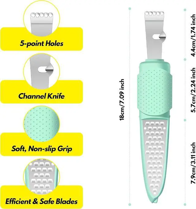 Alt view image 2 of 7 - Rainspire Lemon Zester Tool with Channel Knife, Stainless Steel Citrus Zester Tool, Lemon Peeler, Zesters for Kitchen, Ultra Sharp 2-in-1 Tool Easily Creates Citrus Zest, Mint Green