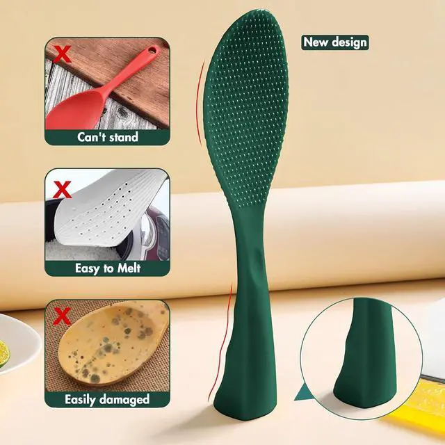 Alt view image 2 of 7 - FireKylin 1 Pcs Green Silicone Rice Paddle,Non Stick Standing Rice Spoon | Heat Resistant Rice Scooper Spatula, Ergonomic handle Rice Cooker Spoon for Rice, Mashed Potatoes, Salads and Easy to Clean