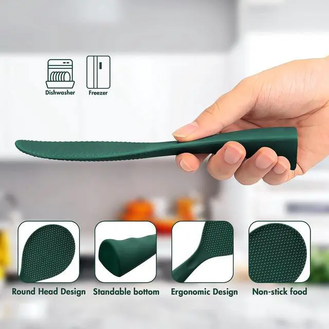 Alt view image 3 of 7 - FireKylin 1 Pcs Green Silicone Rice Paddle,Non Stick Standing Rice Spoon | Heat Resistant Rice Scooper Spatula, Ergonomic handle Rice Cooker Spoon for Rice, Mashed Potatoes, Salads and Easy to Clean
