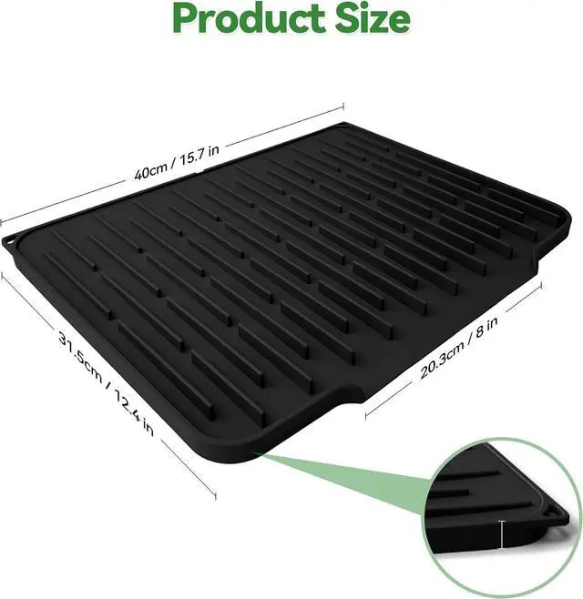 Alt view image 2 of 7 - Silicone Dish Drying Mat, Black, 15.7''x12.4'' | Counter Drying Pad with Raised Ridges, 5-Degree Slope, and Front Lip to Help Channel Water into the Sink