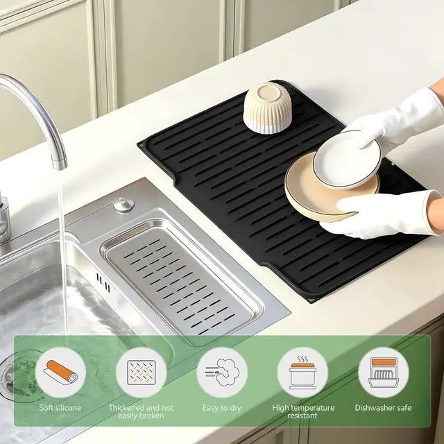 Alt view image 3 of 7 - Silicone Dish Drying Mat, Black, 15.7''x12.4'' | Counter Drying Pad with Raised Ridges, 5-Degree Slope, and Front Lip to Help Channel Water into the Sink