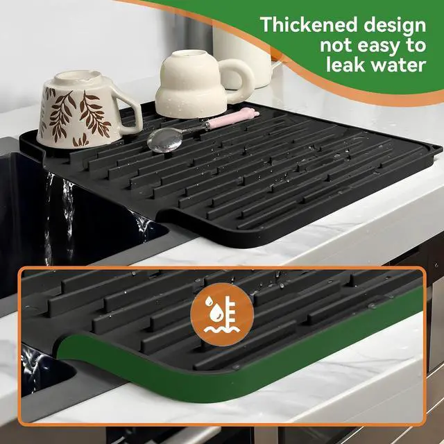 Alt view image 4 of 7 - Silicone Dish Drying Mat, Black, 15.7''x12.4'' | Counter Drying Pad with Raised Ridges, 5-Degree Slope, and Front Lip to Help Channel Water into the Sink