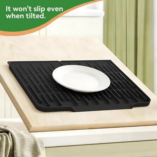 Alt view image 6 of 7 - Silicone Dish Drying Mat, Black, 15.7''x12.4'' | Counter Drying Pad with Raised Ridges, 5-Degree Slope, and Front Lip to Help Channel Water into the Sink