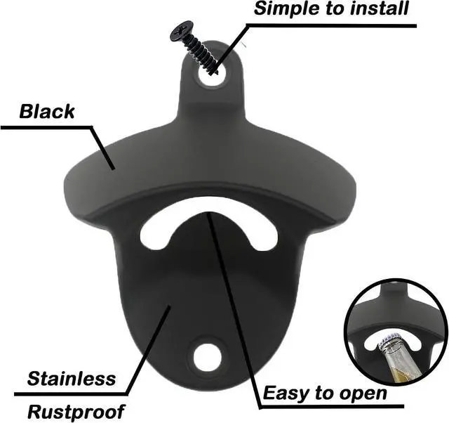 Alt view image 2 of 6 - Stainless Wall Mount Beer Bottle Opener Screw in Bottle Cap Opener Black
