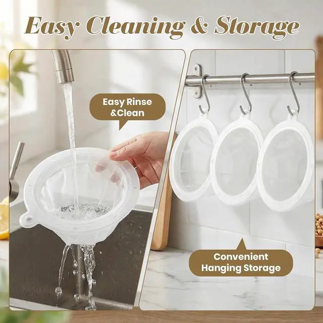 Alt view image 6 of 6 - WMKGG 4PCS Food Filter Strainer, 5 Inch Nylon Plastic Strainer | Reusable,for Oils, Juice, Kefir,Wine, Coffee, Milk, Tea, Powder,Nut Milk,Honey(200+100 Mesh)