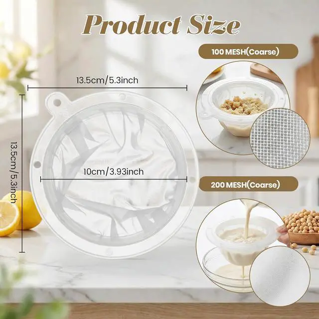 Alt view image 2 of 6 - WMKGG 4PCS Food Filter Strainer, 5 Inch Nylon Plastic Strainer | Reusable,for Oils, Juice, Kefir,Wine, Coffee, Milk, Tea, Powder,Nut Milk,Honey(200+100 Mesh)