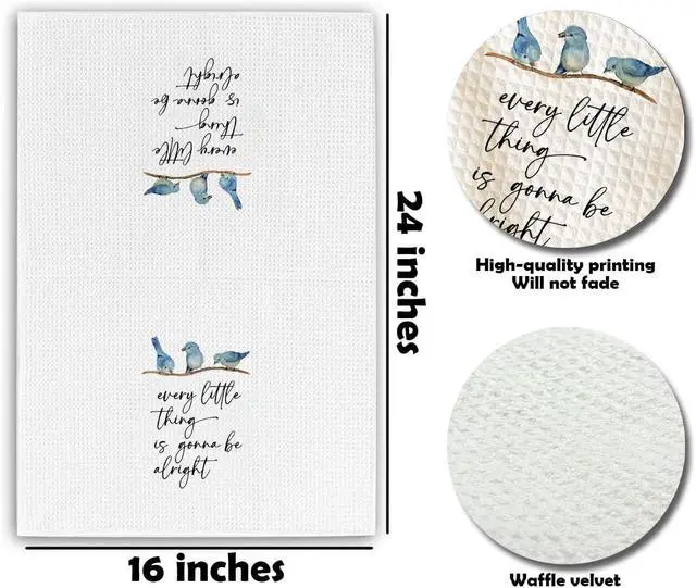 Alt view image 2 of 5 - Spring Blue Birds Kitchen Towels - Every Little Thing Is Gonna Be Alright - 16 x 24 Inches Kitchen Hand Dish Towels - Decorative Fast Drying Home Dishcloth - Dishcloth Gifts For Friends Family- A02