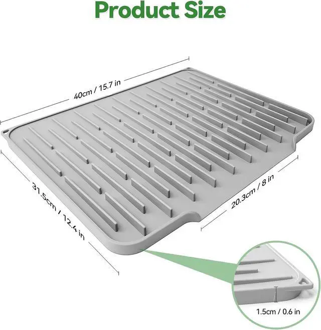Alt view image 2 of 7 - Silicone Dish Drying Mat, Light Gray, 15.7''x12.4'' | Counter Drying Pad with Raised Ridges, 5-Degree Slope, and Front Lip to Help Channel Water into the Sink