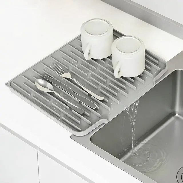 Main image of Silicone Dish Drying Mat, Light Gray, 15.7''x12.4'' | Counter Drying Pad with Raised Ridges, 5-Degree Slope, and Front Lip to Help Channel Water into the Sink