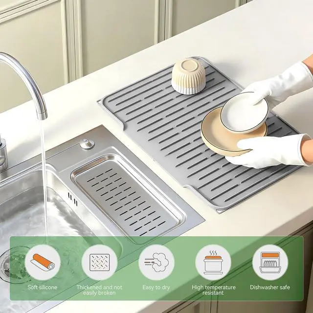 Alt view image 3 of 7 - Silicone Dish Drying Mat, Light Gray, 15.7''x12.4'' | Counter Drying Pad with Raised Ridges, 5-Degree Slope, and Front Lip to Help Channel Water into the Sink