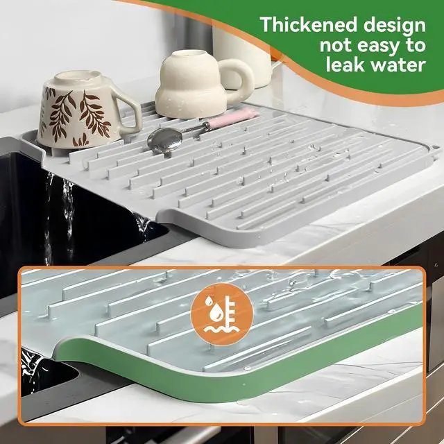 Alt view image 4 of 7 - Silicone Dish Drying Mat, Light Gray, 15.7''x12.4'' | Counter Drying Pad with Raised Ridges, 5-Degree Slope, and Front Lip to Help Channel Water into the Sink