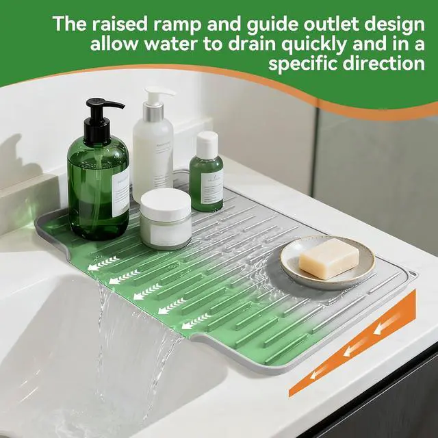 Alt view image 5 of 7 - Silicone Dish Drying Mat, Light Gray, 15.7''x12.4'' | Counter Drying Pad with Raised Ridges, 5-Degree Slope, and Front Lip to Help Channel Water into the Sink