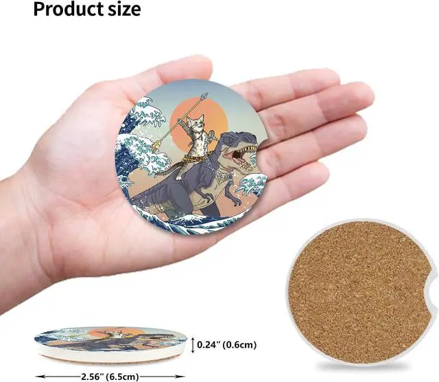 Alt view image 2 of 7 - Car Coasters Pack of 2,Absorbent Ceramic Car Coasters Set for Women/Men,Drink Cup Holder Coasters,with A Finger Notch for Easy Removal(Cat and Dinosaur)