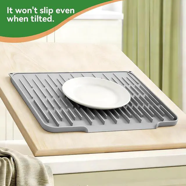 Alt view image 6 of 7 - Silicone Dish Drying Mat, Light Gray, 15.7''x12.4'' | Counter Drying Pad with Raised Ridges, 5-Degree Slope, and Front Lip to Help Channel Water into the Sink