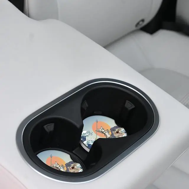 Alt view image 5 of 7 - Car Coasters Pack of 2,Absorbent Ceramic Car Coasters Set for Women/Men,Drink Cup Holder Coasters,with A Finger Notch for Easy Removal(Cat and Dinosaur)