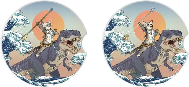 Alt view image 3 of 7 - Car Coasters Pack of 2,Absorbent Ceramic Car Coasters Set for Women/Men,Drink Cup Holder Coasters,with A Finger Notch for Easy Removal(Cat and Dinosaur)
