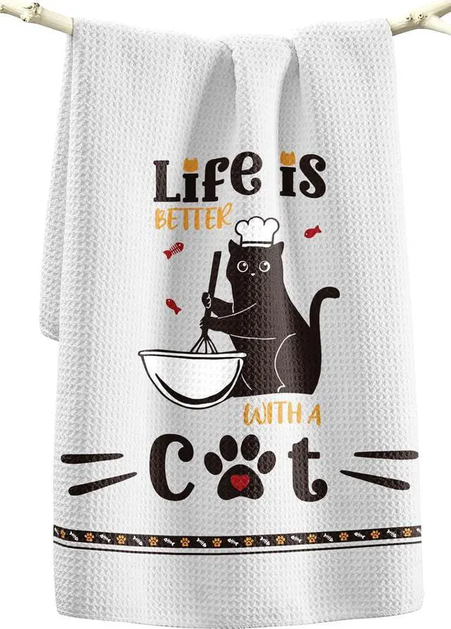 Main image of Miss Adola Cat Funny Kitchen Towels - 15x28 Inch Decorative Waffle Microfiber Dish Cloths Cute Absorbent Reusable Hand Tea Towels with Hanging Loop Black Cats Gift for Cat Lovers
