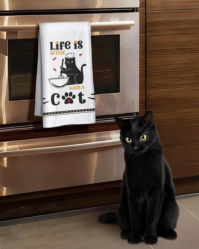 Alt view image 2 of 6 - Miss Adola Cat Funny Kitchen Towels - 15x28 Inch Decorative Waffle Microfiber Dish Cloths Cute Absorbent Reusable Hand Tea Towels with Hanging Loop Black Cats Gift for Cat Lovers