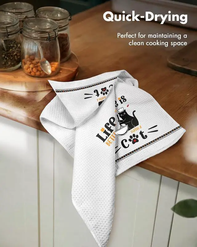 Alt view image 3 of 6 - Miss Adola Cat Funny Kitchen Towels - 15x28 Inch Decorative Waffle Microfiber Dish Cloths Cute Absorbent Reusable Hand Tea Towels with Hanging Loop Black Cats Gift for Cat Lovers