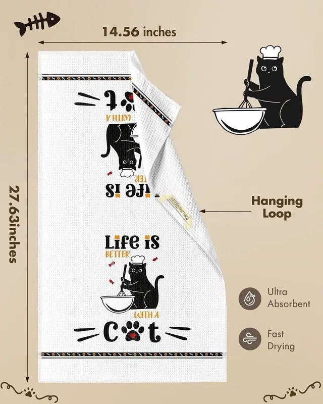 Alt view image 4 of 6 - Miss Adola Cat Funny Kitchen Towels - 15x28 Inch Decorative Waffle Microfiber Dish Cloths Cute Absorbent Reusable Hand Tea Towels with Hanging Loop Black Cats Gift for Cat Lovers