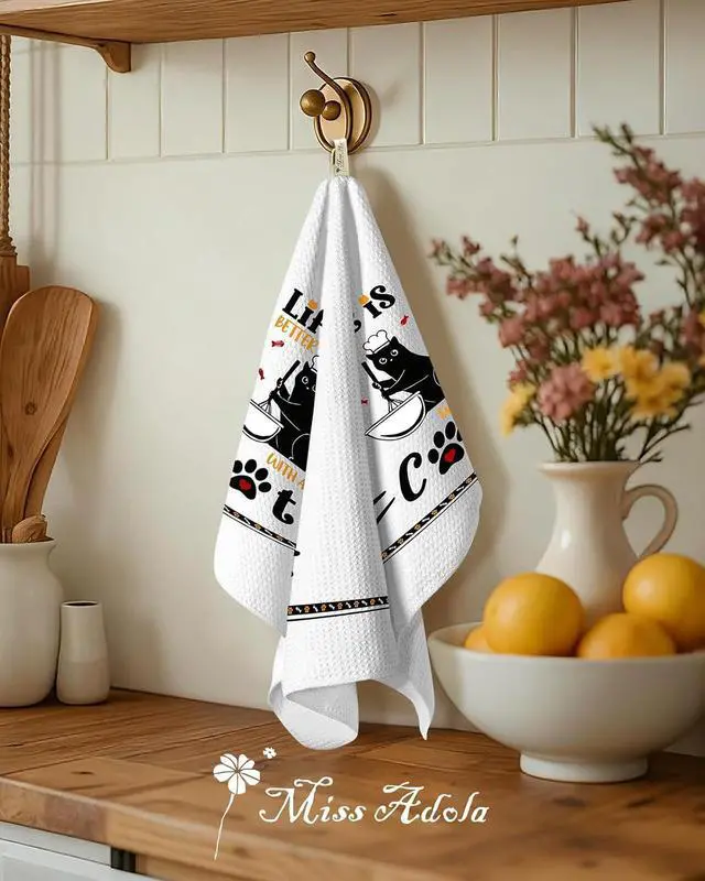 Alt view image 5 of 6 - Miss Adola Cat Funny Kitchen Towels - 15x28 Inch Decorative Waffle Microfiber Dish Cloths Cute Absorbent Reusable Hand Tea Towels with Hanging Loop Black Cats Gift for Cat Lovers
