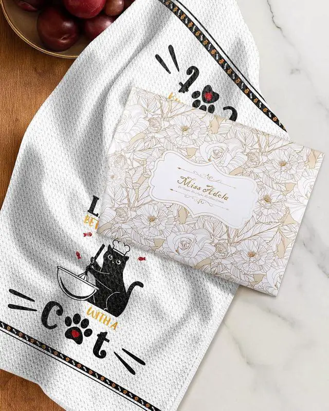 Alt view image 6 of 6 - Miss Adola Cat Funny Kitchen Towels - 15x28 Inch Decorative Waffle Microfiber Dish Cloths Cute Absorbent Reusable Hand Tea Towels with Hanging Loop Black Cats Gift for Cat Lovers