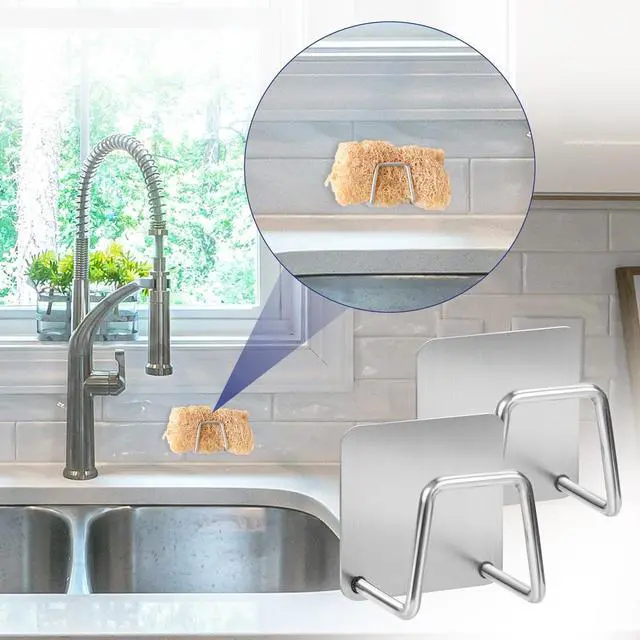 Alt view image 7 of 7 - Stainless Steel Sponge Holder for Kitchen Sink (2 Pack) | Rustproof, Waterproof, Adhesive Mount, Quick Drying, Suitable for Sink Accessories