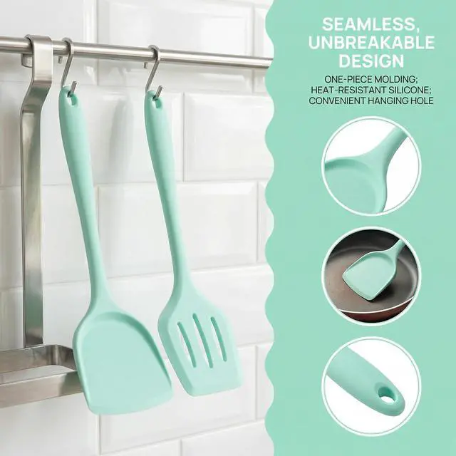 Alt view image 4 of 7 - 2-Pack Silicone Spatula Set, Heat Resistant Spatulas for Baking & Mixing, BPA-Free Solid & Slotted Turner for Non-Stick Pans, Kitchen Utensils for Scraping, Sauteing and Flipping (Mint Green)