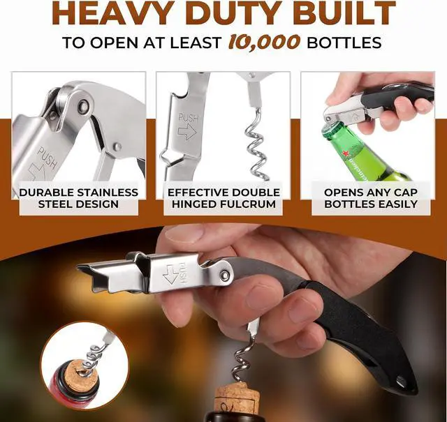 Alt view image 3 of 7 - 2-Pack Corkscrew Wine Opener - Heavy Duty Wine Key for Servers | Manual Waiter Corkscrew,420 Stainless Steel,Cork Screw Wine Bottle Opener, with Double Hinged,for Sommelier Bartenders, Black