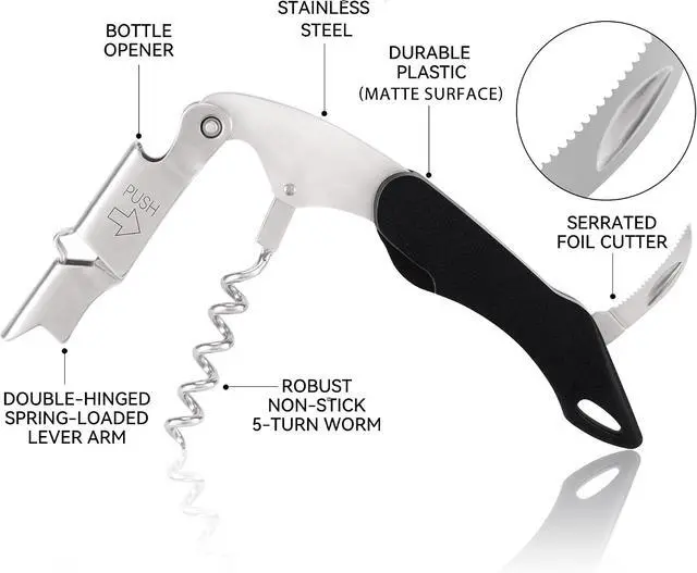 Alt view image 2 of 7 - 2-Pack Corkscrew Wine Opener - Heavy Duty Wine Key for Servers | Manual Waiter Corkscrew,420 Stainless Steel,Cork Screw Wine Bottle Opener, with Double Hinged,for Sommelier Bartenders, Black
