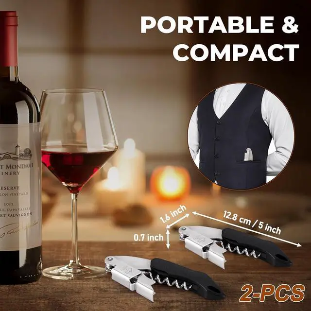 Alt view image 6 of 7 - 2-Pack Corkscrew Wine Opener - Heavy Duty Wine Key for Servers | Manual Waiter Corkscrew,420 Stainless Steel,Cork Screw Wine Bottle Opener, with Double Hinged,for Sommelier Bartenders, Black