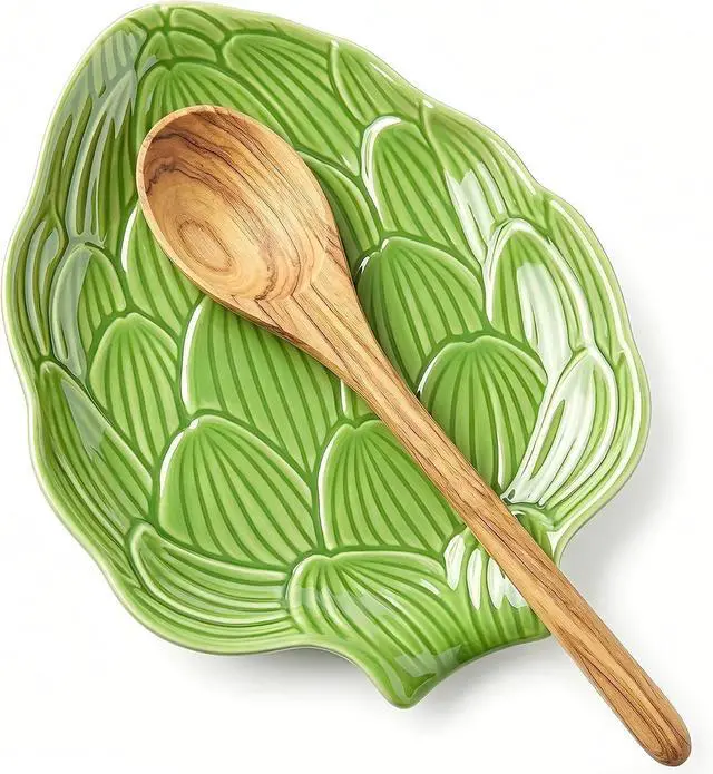 Main image of Leaf Ceramic Spoon Rest for Stove Top and Kitchen Counter | Keeps Counters Clean Green Kitchen Decor Botanical Leaf Design Kitchen Decor Gift