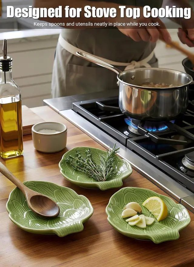 Alt view image 2 of 7 - Leaf Ceramic Spoon Rest for Stove Top and Kitchen Counter | Keeps Counters Clean Green Kitchen Decor Botanical Leaf Design Kitchen Decor Gift
