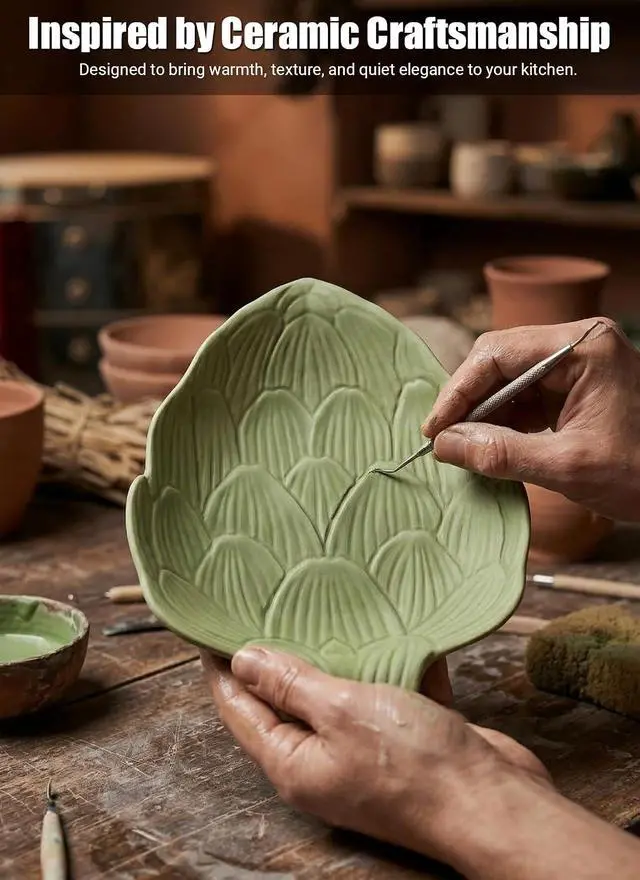 Alt view image 7 of 7 - Leaf Ceramic Spoon Rest for Stove Top and Kitchen Counter | Keeps Counters Clean Green Kitchen Decor Botanical Leaf Design Kitchen Decor Gift