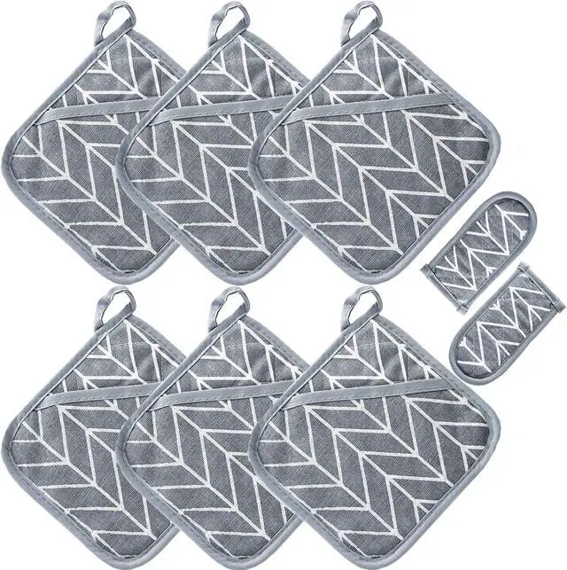 Main image of Heat Resistant Potholders Hot Pads-6 Kitchen Pot Holders Set with 2 Pan Hot Handle Holders Trivet for Cooking and Baking,with Recycled Infill Terrycloth Lining(Grey,8 Piece)