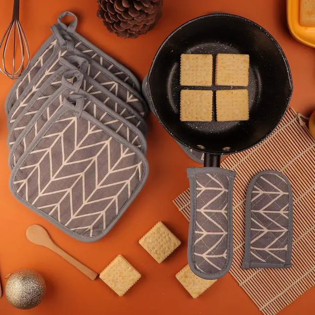 Alt view image 6 of 7 - Heat Resistant Potholders Hot Pads-6 Kitchen Pot Holders Set with 2 Pan Hot Handle Holders Trivet for Cooking and Baking,with Recycled Infill Terrycloth Lining(Grey,8 Piece)