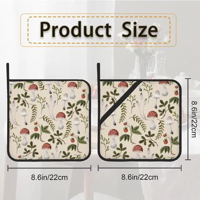 Alt view image 2 of 7 - Vintage Mushroom Strawberry Pot Holder Set of 2,Heat Resistant Potholders Oven Hot Pads for Kitchen Cooking Baking BBQ