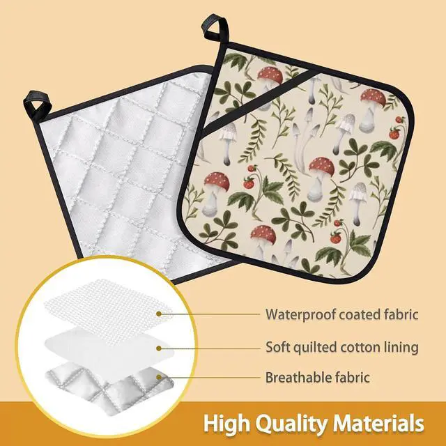 Alt view image 3 of 7 - Vintage Mushroom Strawberry Pot Holder Set of 2,Heat Resistant Potholders Oven Hot Pads for Kitchen Cooking Baking BBQ
