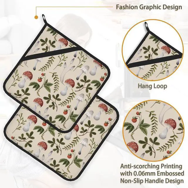 Alt view image 4 of 7 - Vintage Mushroom Strawberry Pot Holder Set of 2,Heat Resistant Potholders Oven Hot Pads for Kitchen Cooking Baking BBQ