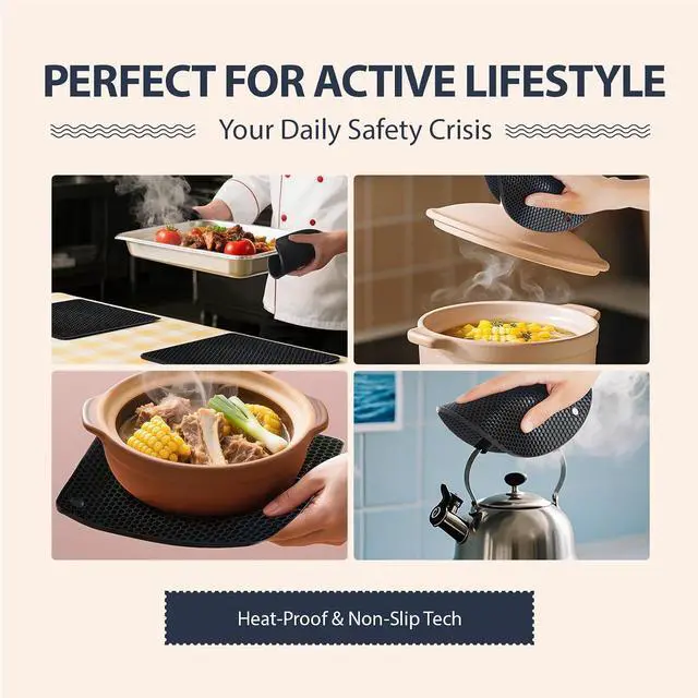 Alt view image 2 of 7 - 4 Pack Silicone Pot Holders & Hot Pads - Heat Resistant Non-Slip Mats for Kitchen Countertops, Trivets for Hot Dishes, Dishwasher Safe & BPA-Free (Black)