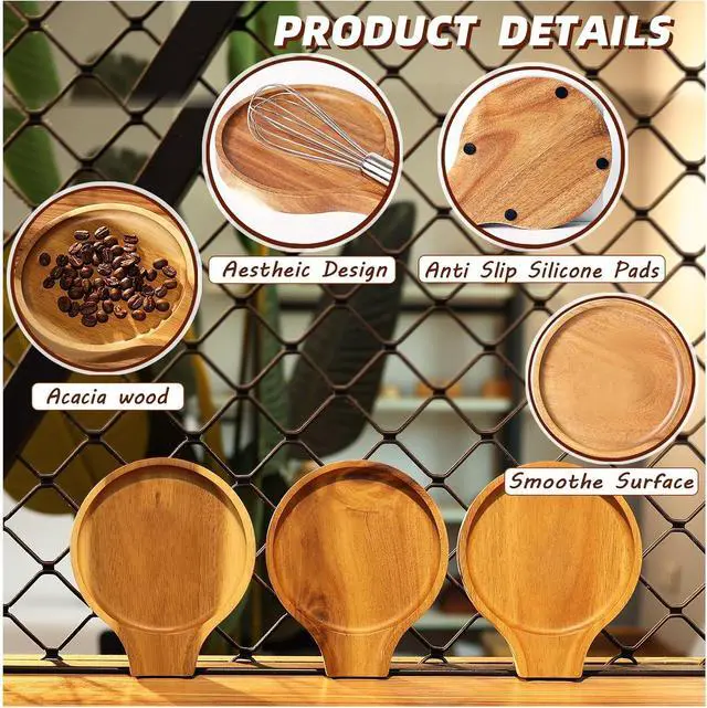 Alt view image 6 of 7 - Acacia Wood Spoon Rest, Wooden Spoon Holder With Non Slip Silicone Feet, Multifunctional Kitchen Utensil Holder and Rest for Kitchen Countertop, Brown, 6.1" x 5.1" Irregular